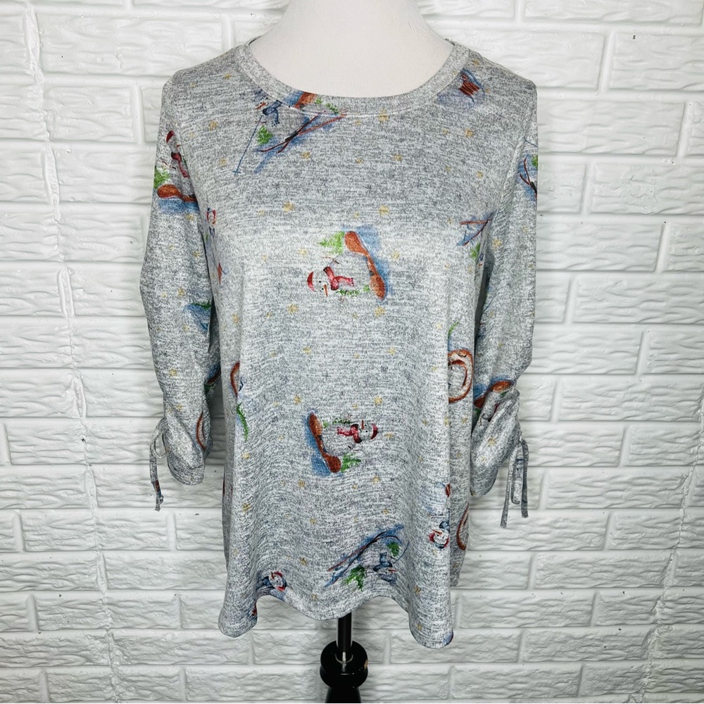 ONE WORLD Gray Snowman on Skis Knit Shirt Top Size L